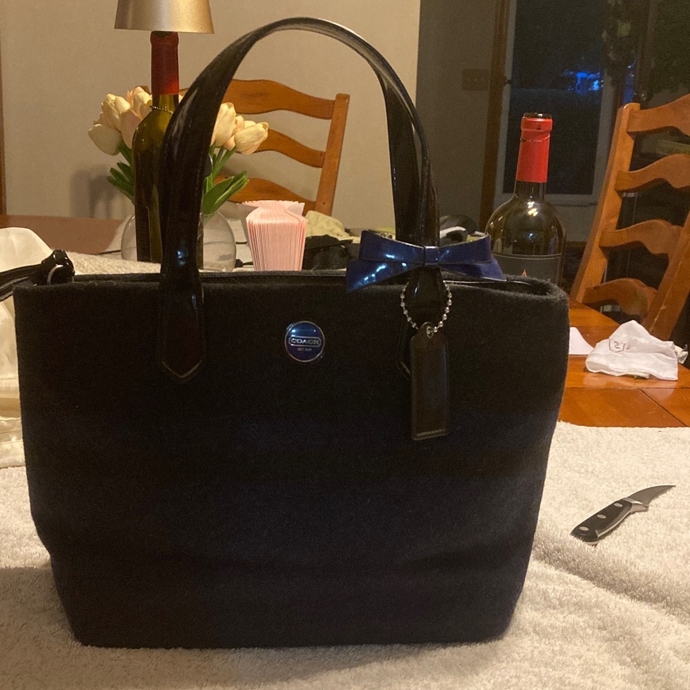Coach Black and Blue Button Pin Wool Bag